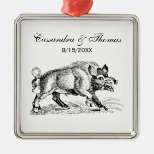 Vintage Wild Boar Drawing BW #2 Metal Tree Decoration