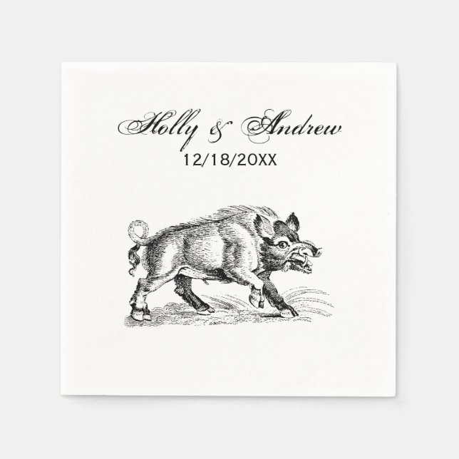 Vintage Wild Boar Drawing BW #2 Napkin (Front)