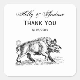 Vintage Wild Boar Drawing BW #2 Square Sticker