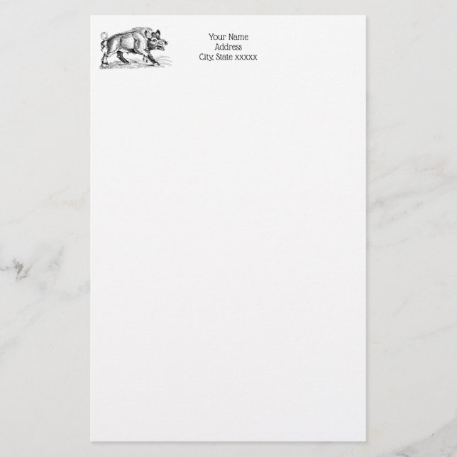 Vintage Wild Boar Drawing BW #2 Stationery (Front)