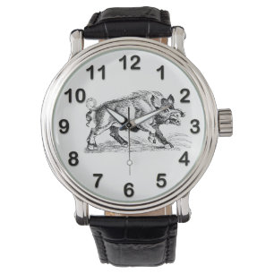 Vintage Wild Boar Drawing BW #2 Watch