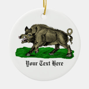 Vintage Wild Boar Drawing BW #3C Ceramic Tree Decoration