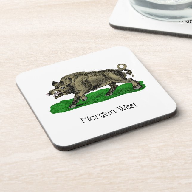 Vintage Wild Boar Drawing BW #3C Coaster (Left Side)