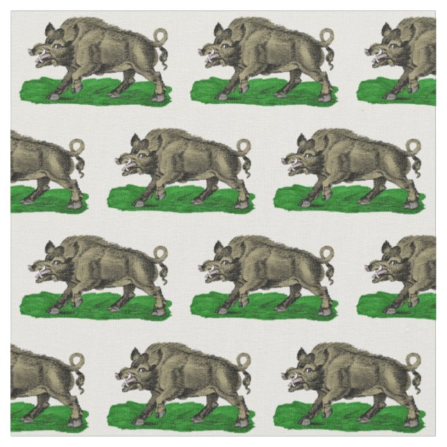 Vintage Wild Boar Drawing BW #3C Fabric (Close Up)