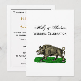Vintage Wild Boar Drawing BW #3C Invitation