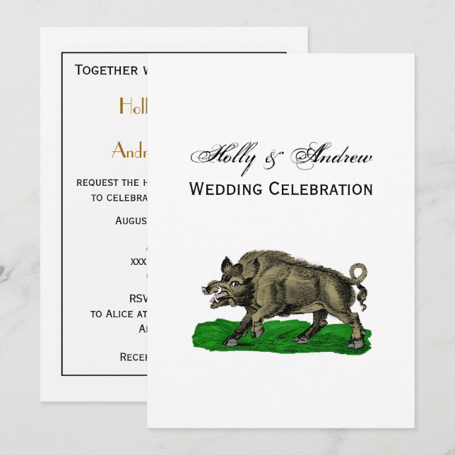 Vintage Wild Boar Drawing BW #3C Invitation (Front/Back)