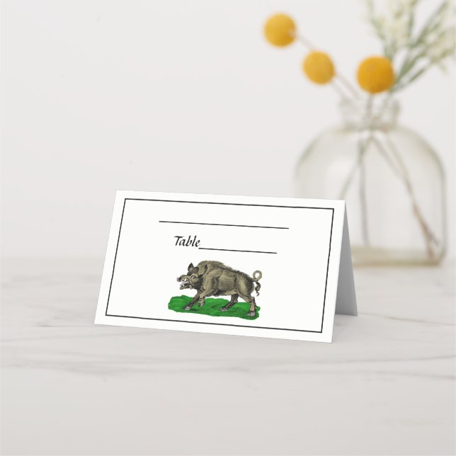Vintage Wild Boar Drawing BW #3C Place Card (Front)