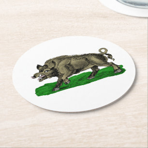 Vintage Wild Boar Drawing BW #3C Round Paper Coaster