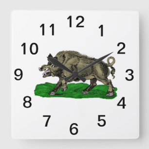 Vintage Wild Boar Drawing BW #3C Square Wall Clock