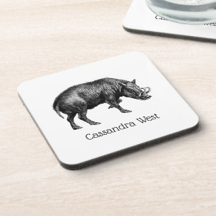 Vintage Wild Boar Drawing BW Coaster