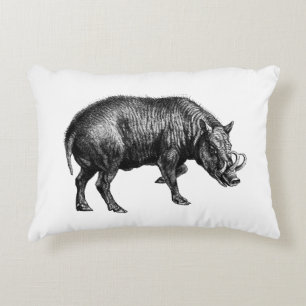 Vintage Wild Boar Drawing BW Decorative Cushion