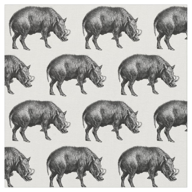 Vintage Wild Boar Drawing BW Fabric (Close Up)