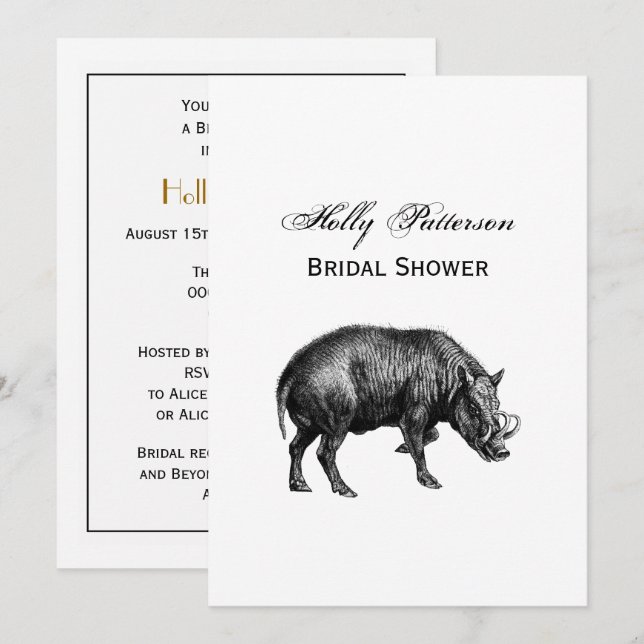 Vintage Wild Boar Drawing BW Invitation (Front/Back)