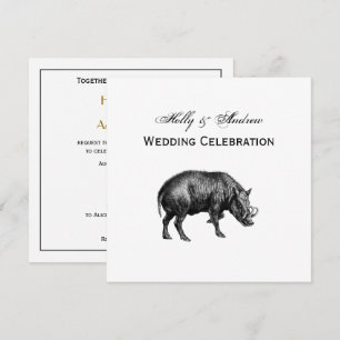 Vintage Wild Boar Drawing BW Invitation