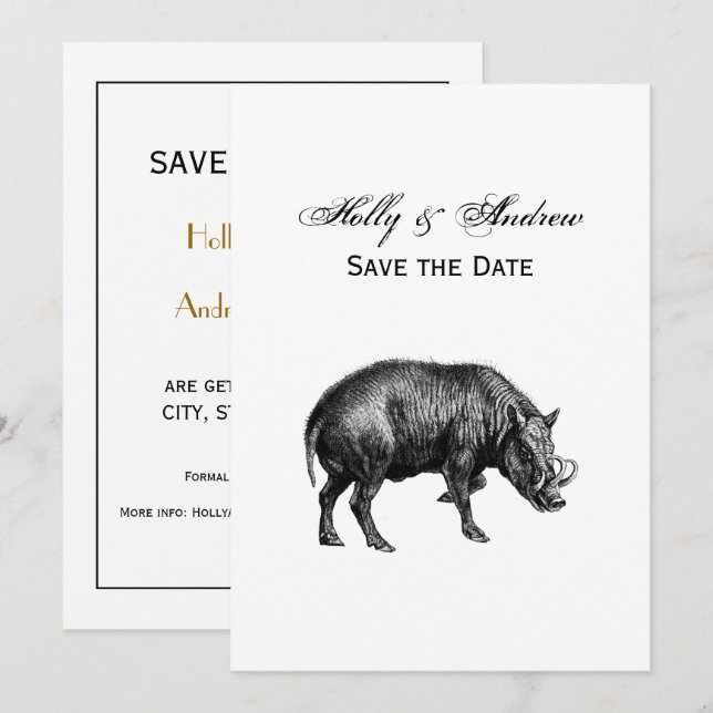 Vintage Wild Boar Drawing BW Invitation (Front/Back)