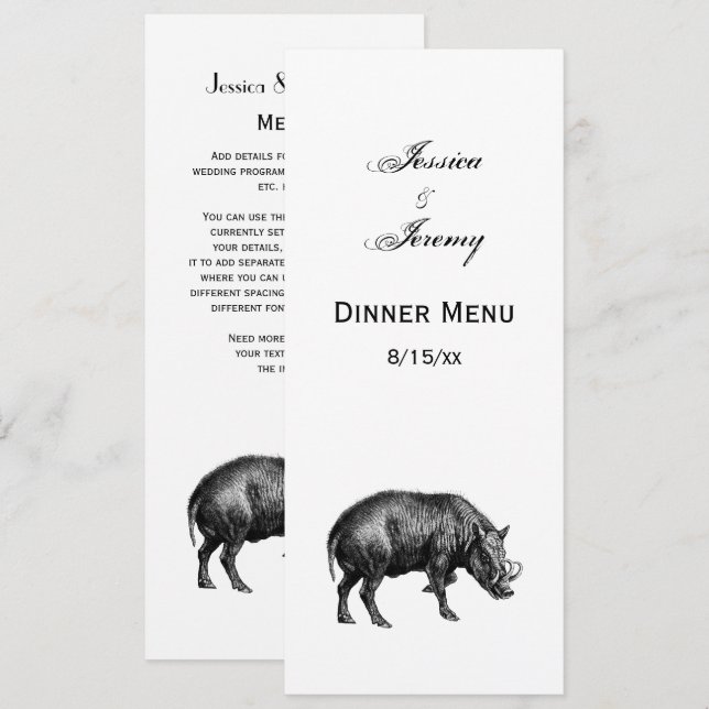 Vintage Wild Boar Drawing BW Invitation (Front/Back)