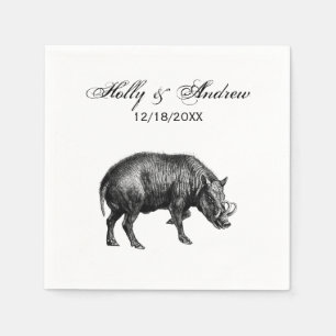 Vintage Wild Boar Drawing BW Napkin
