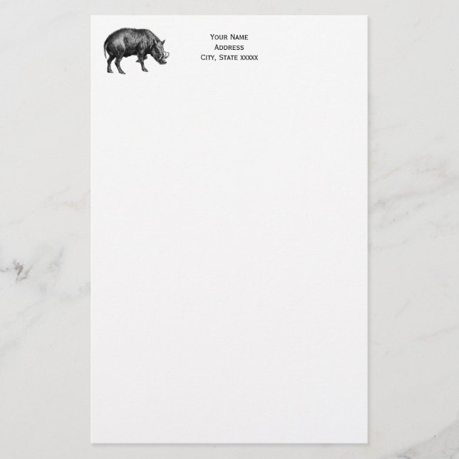 Vintage Wild Boar Drawing BW Stationery (Front)
