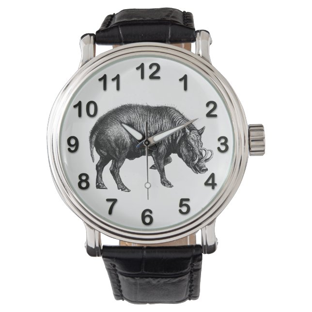 Vintage Wild Boar Drawing BW Watch (Front)