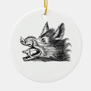 Vintage Wild Boar Head Drawing BW Ceramic Tree Decoration