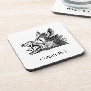 Vintage Wild Boar Head Drawing BW Coaster