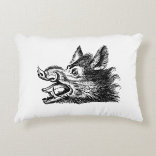 Vintage Wild Boar Head Drawing BW Decorative Cushion