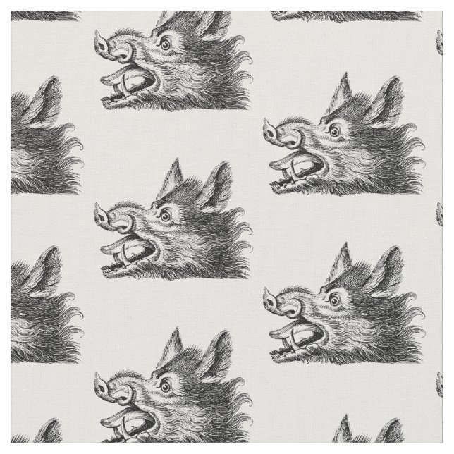 Vintage Wild Boar Head Drawing BW Fabric (Close Up)