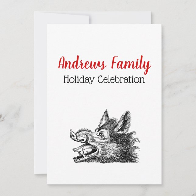 Vintage Wild Boar Head Drawing BW Invitation (Front)