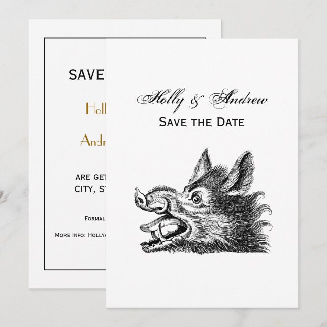 Vintage Wild Boar Head Drawing BW Invitation (Front/Back)
