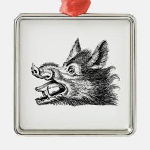 Vintage Wild Boar Head Drawing BW Metal Tree Decoration