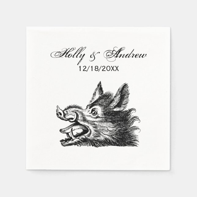 Vintage Wild Boar Head Drawing BW Napkin (Front)