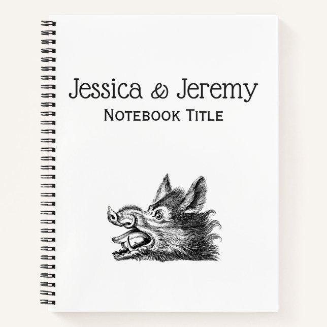 Vintage Wild Boar Head Drawing BW Notebook (Front)