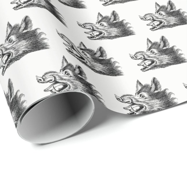 Vintage Wild Boar Head Drawing BW Wrapping Paper (Roll Corner)