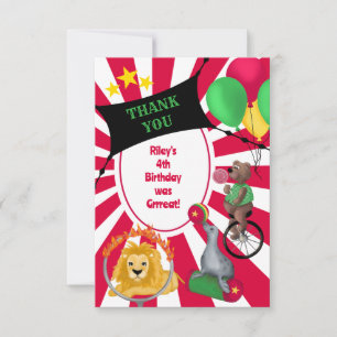 Vintage Wild Circus Animals Primary Colours Thank You Card