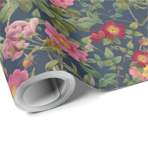 Vintage Wild Rose Gift Paper in Midnight Navy