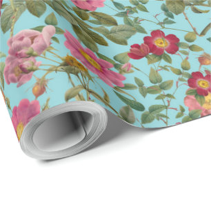Vintage Wild Rose Gift Paper in Pool Blue