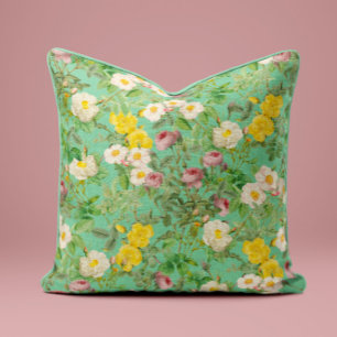 Vintage Wild Rose Pillow in Aqua Blue
