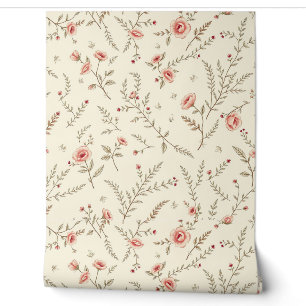 Vintage Wild Roses and Ferns in Soft Beige Wallpaper
