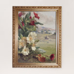 Vintage Wild Roses and Rustic Scene Jigsaw Puzzle<br><div class="desc">Nostalgic vintage floral lithograph featuring beautiful spray of red and white wild roses with rustic country scene in background in ornate gilded frame.</div>