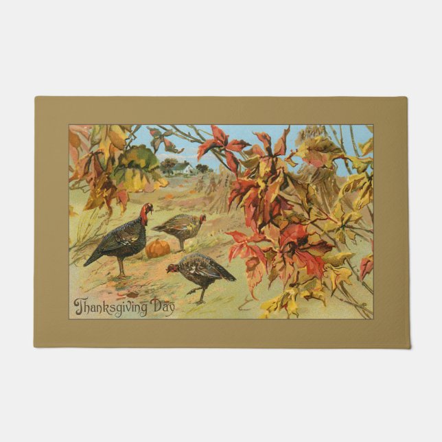 Vintage Wild Thanksgiving Turkeys & Fall Foliage Doormat (Front)