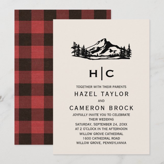 Vintage Wilderness Buffalo Plaid Monogram Wedding Invitation (Front/Back)