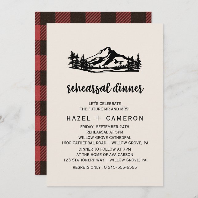 Vintage Wilderness Buffalo Plaid Rehearsal Dinner Invitation (Front/Back)