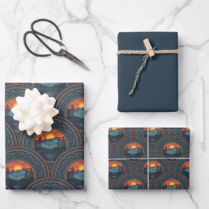 Vintage Wilderness Sunset Mandala Art Deco Scallop Wrapping Paper Sheet