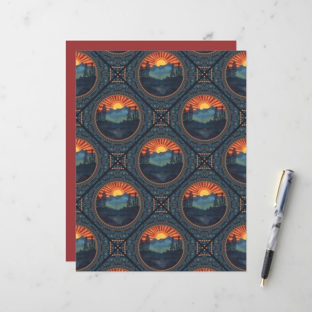 Vintage Wilderness Sunset Mandala Geometric Tile (Front/Back In Situ)