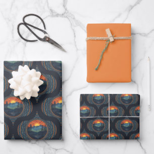 Vintage Wilderness Sunset Mandala Mid Century Ogee Wrapping Paper Sheet