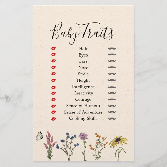 Vintage Wildflower Baby Shower Baby Traits (Front)