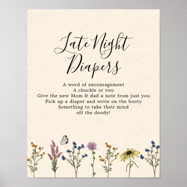 Vintage Wildflower Baby Shower Late Night Diaper Poster (Front)