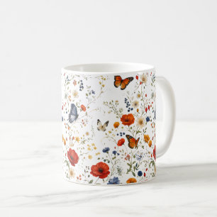 Vintage Wildflower Butterfly Floral Design Coffee Mug