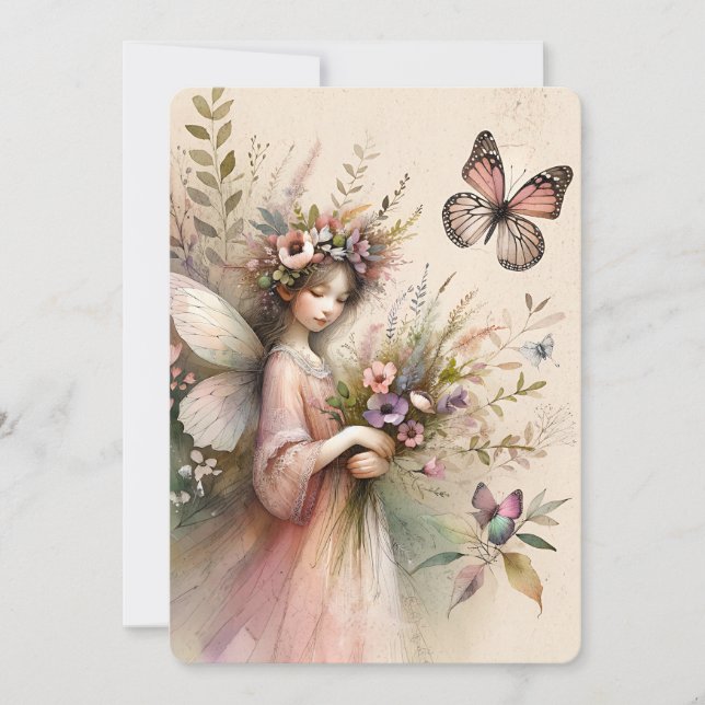 Vintage Wildflower Fairy and  Butterfly  Holiday Card (Front)