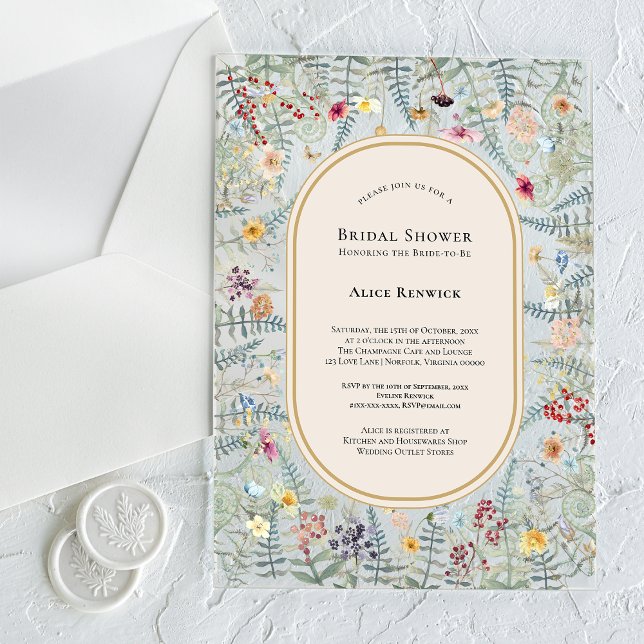 Vintage Wildflower Fern Beige Bridal Shower Acrylic Invitations (Creator Uploaded)